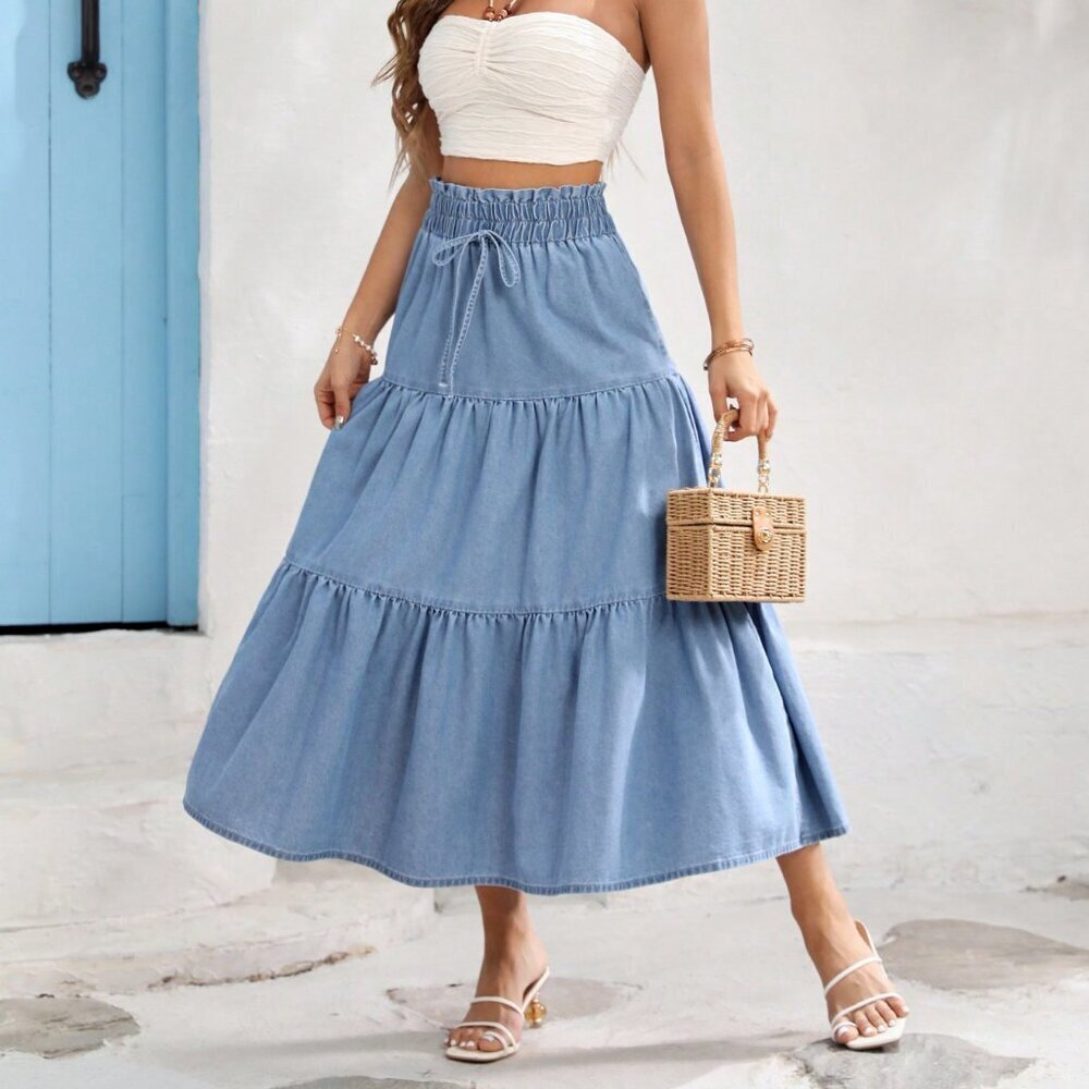 Light Blue Boho Women's Loose Elastic Waist Denim Skirt - Picture 4 of 6